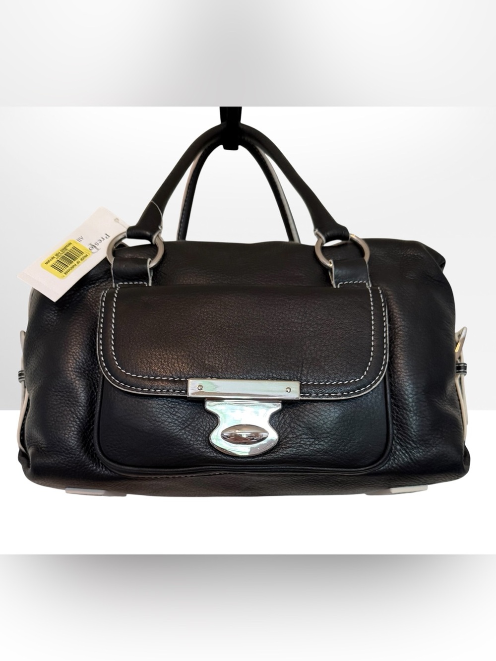 NWT Black and White Stitched Contrast Leather Handbag with Silver Hardware